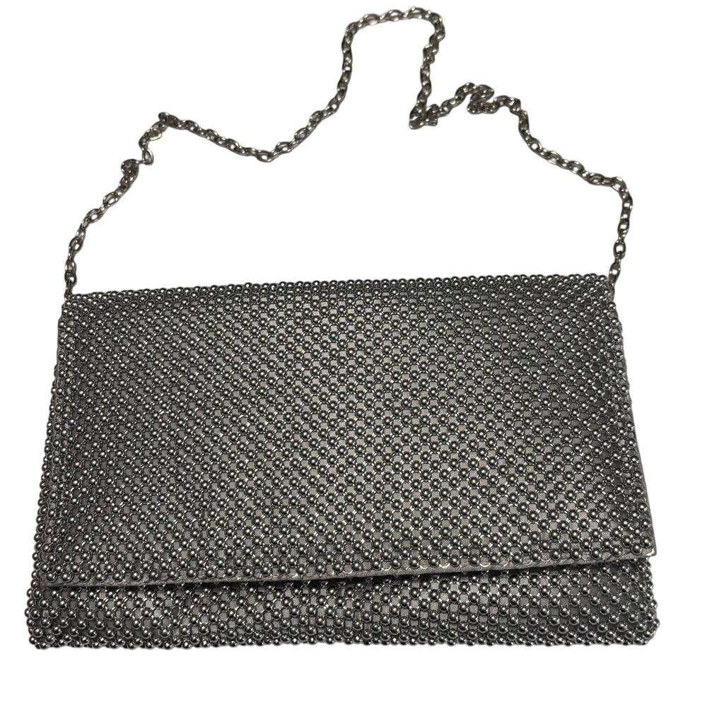 Blush Evening Silver Beaded Mesh Clutch Purse Chain Strap Evening Formal Bag